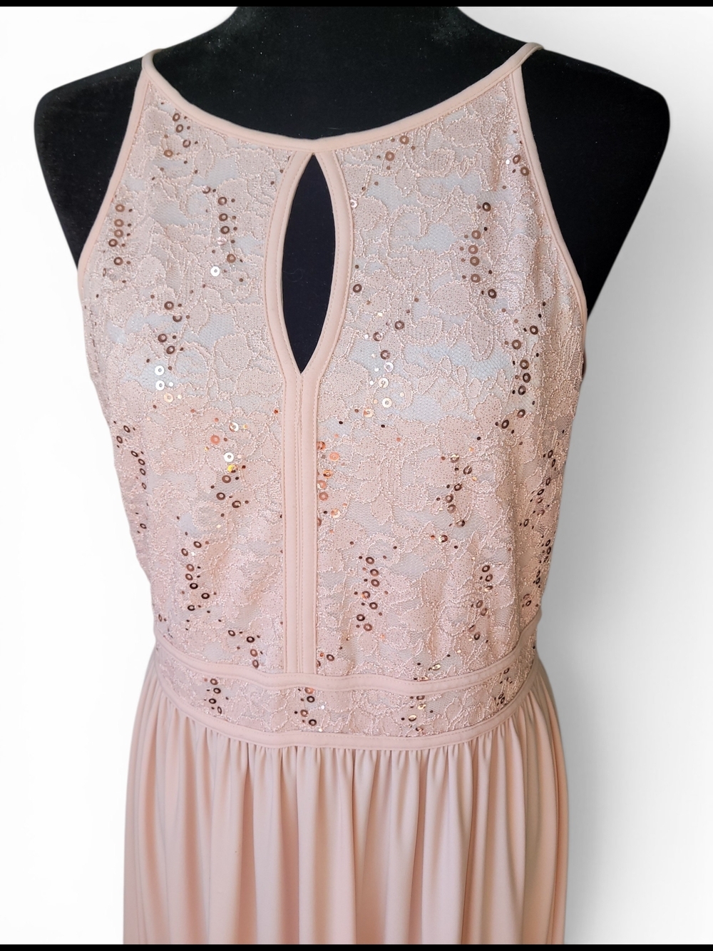 Morgan & Co Blush Pink Sequin Lace Maxi Dress Size 14 Halter Bridesmaid Formal - Picture 3 of 11
